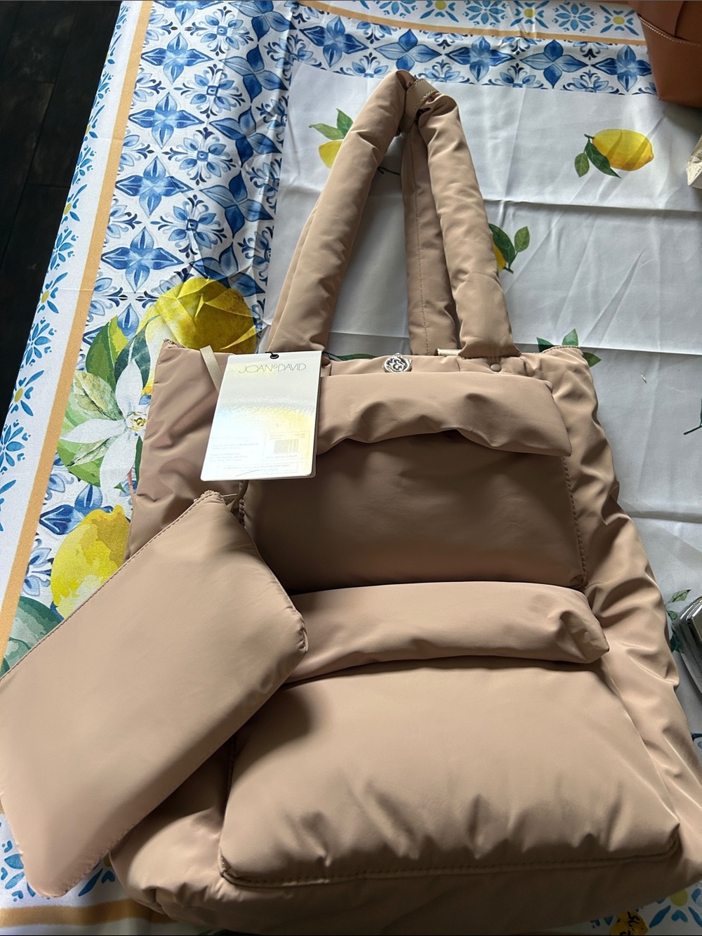 Joan & David Taupe The Capri Quilted Puffer Tote with Removable Pouch